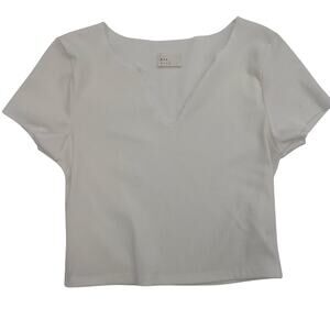 Dee Elly Womens Ribbed Crop Top S White V-Neck Short Sleeve Stretch USA Made